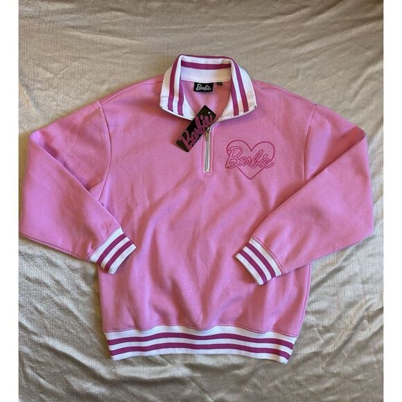 Barbie Tops - NEW Barbie Pink‎ Stripe Pullover Sweatshirt 1/4 Zip Women's Medium Embroidered
